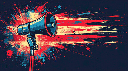 A bold megaphone against a blue and red splash, a powerful depiction of the amplification of voice and freedom of speech. - obrazy, fototapety, plakaty