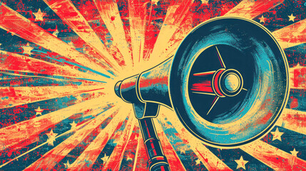 A megaphone radiates stars and stripes, a striking metaphor for the resonance of democratic speech and the American spirit.