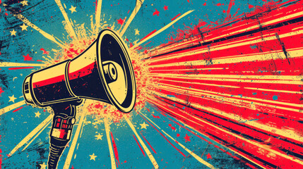 A megaphone blasts a powerful beam of light, symbolizing the reach and impact of vocal expression and freedom of speech.