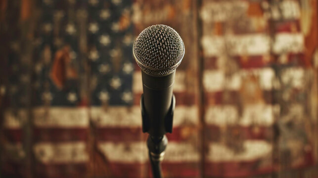 A focused image of a microphone with a blurred American flag in the background, representing the power and significance of speech in American democracy.