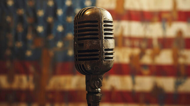 Vintage microphone against American flag backdrop, symbol of freedom of speech.