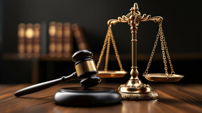  Gleaming scales of justice in a courtroom, illuminated by the soft light of jurisprudence. A judge's gavel in the foreground.