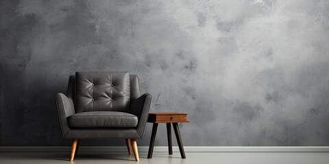 Mock up photo of loft interior. Grey concrete textured wall and black leather chair. Background photo with space for text.