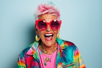 Portrait of a beautiful senior woman with pink hair and sunglasses.