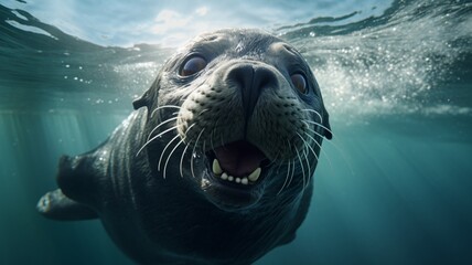 A playful sea lion twisting and turning in the water, creating ripples and bubbles as it moves with effortless grace -Generative Ai