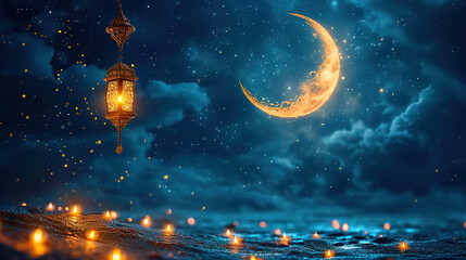 Fototapeta premium Ornate Crescent Moon Adorned with a Hanging Golden Lantern Islamic Concept Background