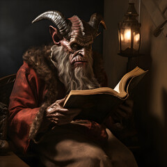 The devil reading the bible. Satan reading a big holy book. 