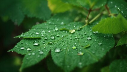 Water Fall on Green Leaf, Nature Plant and Raindrops, using Generative ai