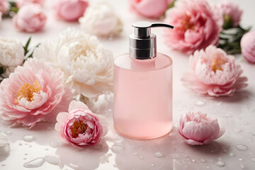Fototapeta na wymiar bottle of shower gel soap and roses