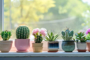 Foto op Plexiglas Cactus and succulents in pots on the windowsill. Generative AI © barmaleeva