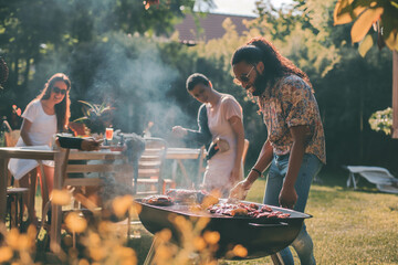 smiling mother and father grilling burgers on an outdoor