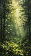 Painting of Forest With Sunbeams Peeking Through