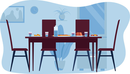 Dining room interior with served table, chairs, meals, and window. Modern home dinner setup, cozy eating space vector illustration.