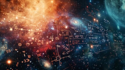 Mathematical and physical formulas against the background of a galaxy in universe. Space Background on the theme of science and education