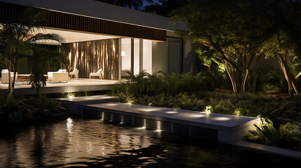 A modern garden with sculptural plant arrangements, a water feature, and strategic lighting. The outdoor space is designed to be visually captivating, creating a sense of tranquility 