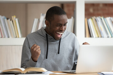 Overjoyed biracial guy sit at desk feel euphoric with good online news on laptop, college approval...
