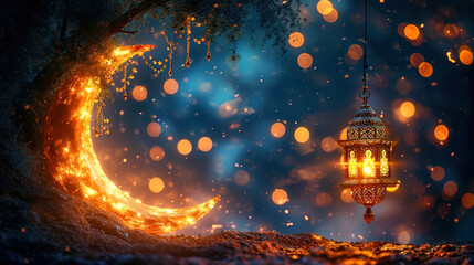 Ornate Crescent Moon Adorned with a Hanging Golden Lantern Islamic Concept Background