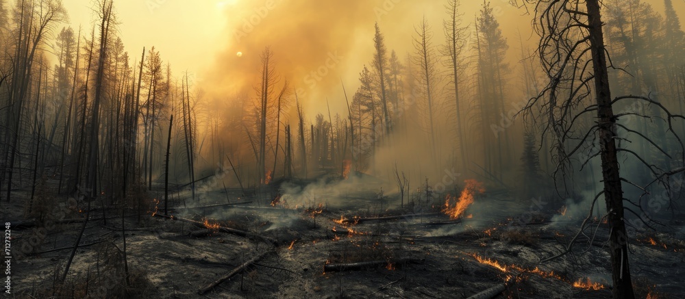 Canvas Prints After a wildfire, there are scorched trees, pollution, and smoke.