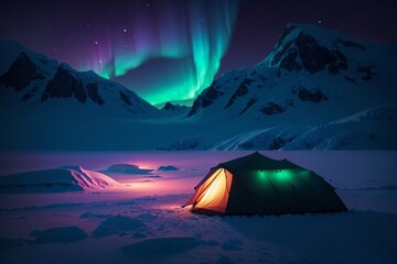 A Tent in Snow With Aurora Lights Illuminating the Night Sky. Generative AI.
