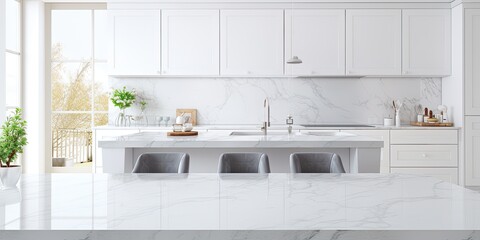 Spacious, beautiful kitchen with an empty, white marble table for design. - Powered by Adobe