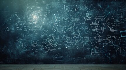 Operations and formulas of quantum physics handwritten with a chalk on the blackboard - obrazy, fototapety, plakaty