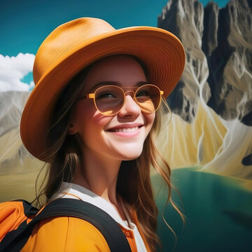Retrato de cerca chica excursionista con mochila gafas y un sombrero sonriendo junto a un lago y monta&ntilde;as 