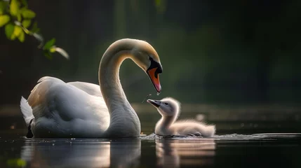 Fotobehang A swan surrounded by its children on a river, motherhood, water reflections, cinematic photography © ME_Photography