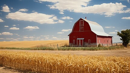 Rustic rural farm landscape with traditional wooden granary and green fields on a sunny day - obrazy, fototapety, plakaty