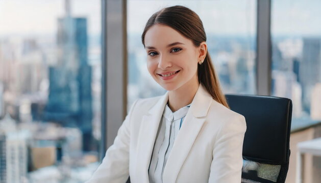 Young white female project manager in skyscraper office building sitting in her workplace