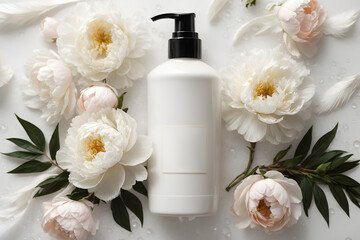 Obraz na płótnie Canvas shampoo soap with white flowers and place for logo