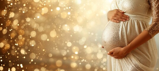 Serene pregnant woman with hands lovingly cradling her belly on a white magical bokeh background - obrazy, fototapety, plakaty