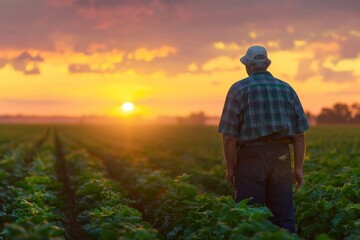 Rear view of senior farmer standing in soybean field examining crop at sunset,