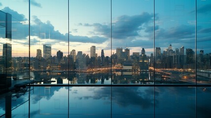 A reflection of a city skyline in the glass facade of a modern skyscraper at dusk -Generative Ai