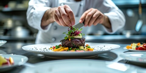 Obraz na płótnie Canvas A chef plating a beautifully designed dish, kitchen background