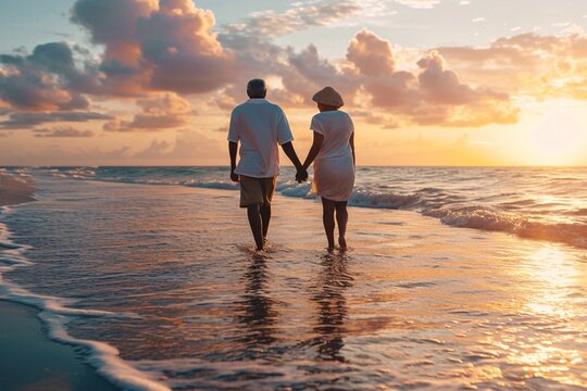 Senior couple walking on the beach holding hands at sunrise, plan life insurance at retirement concept.