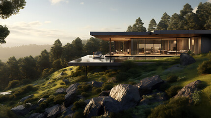 A panoramic view of a modern house nestled in a picturesque natural setting. The exterior features...
