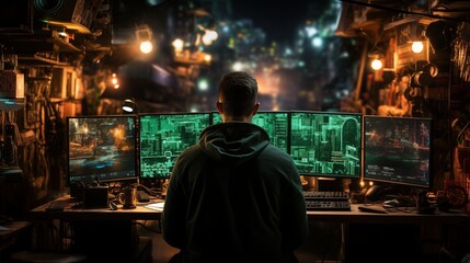 Haker analyzed data and sought vulnerabilities in their target.
Man in hoodie sitting with computer
