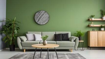 Modern scandinavian living room with green sofa, chair, and bookshelf against green wall.