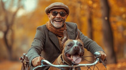 Man and his dog riding a bicycle on a road 
