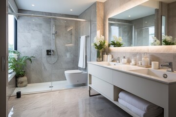 Ensuite bathroom with marble tiles, glass shower screen and double vanity - obrazy, fototapety, plakaty
