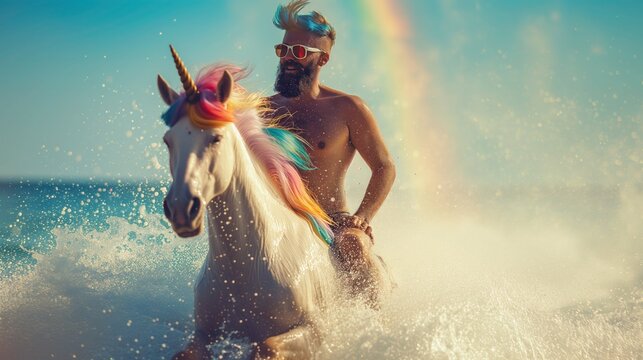 Man hippster ridding with unicorn at beach
