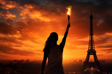 Athletic Woman Ignites Torch in Parisian Sunrise Silhouette. Panoramatic photo for 2024 summer game in Paris. Format 16:9
