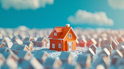 Unique orange house standing out from crowd. Real estate market. 3d rendering - obrazy, fototapety, plakaty