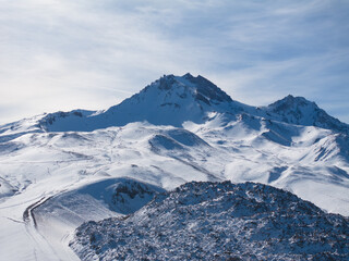 Fototapeta premium Mount Erciyes Ski Resort Drone Photo in the Winter Season, Erciyes Mountain Hacilar, Kayseri Turkiye (Turkey)
