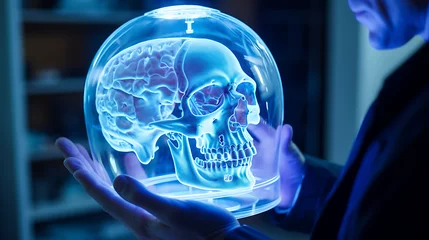 Fotobehang A scientist using advanced technology to showcase a holographic projection of a human skull X-ray. The detailed imagery provides a comprehensive view of internal structures and potential health concer © Love Mohammad