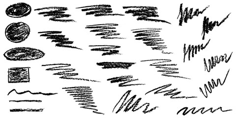 Stripes of black crayon brushes, set of doodle hand drawn elements. Streaks of chalk. Vector illustration
