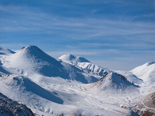 Fototapeta na wymiar Mount Erciyes Ski Resort Drone Photo in the Winter Season, Erciyes Mountain Hacilar, Kayseri Turkiye (Turkey)