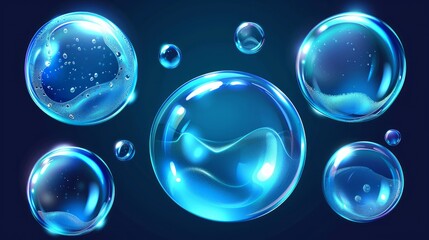 Vector 3d soap transparent bubble stages of the explosion. Water spheres, realistic balls, soapy balloons, soapsuds. Glossy foam aqua, realistic bright abstract illustration
