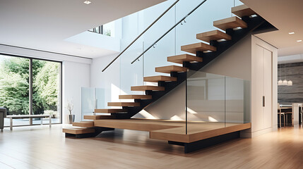  A sleek and modern staircase with open risers and a glass railing, allowing unobstructed views of the contemporary design. The stairs feature a combination of wood and metal, creating a stylish focal