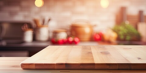 Blurred kitchen interior with a cutting board on table.
